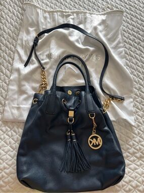 Michael Kors Navy Blue Leather Tassel Drawstring Satchel